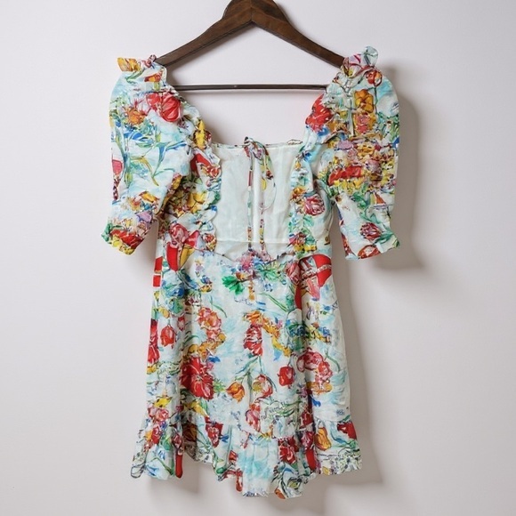 RIXO Camile Printed Cotton Linen Mini‎ Dress Women's Size 4 Ruffle Voile - Picture 6 of 15